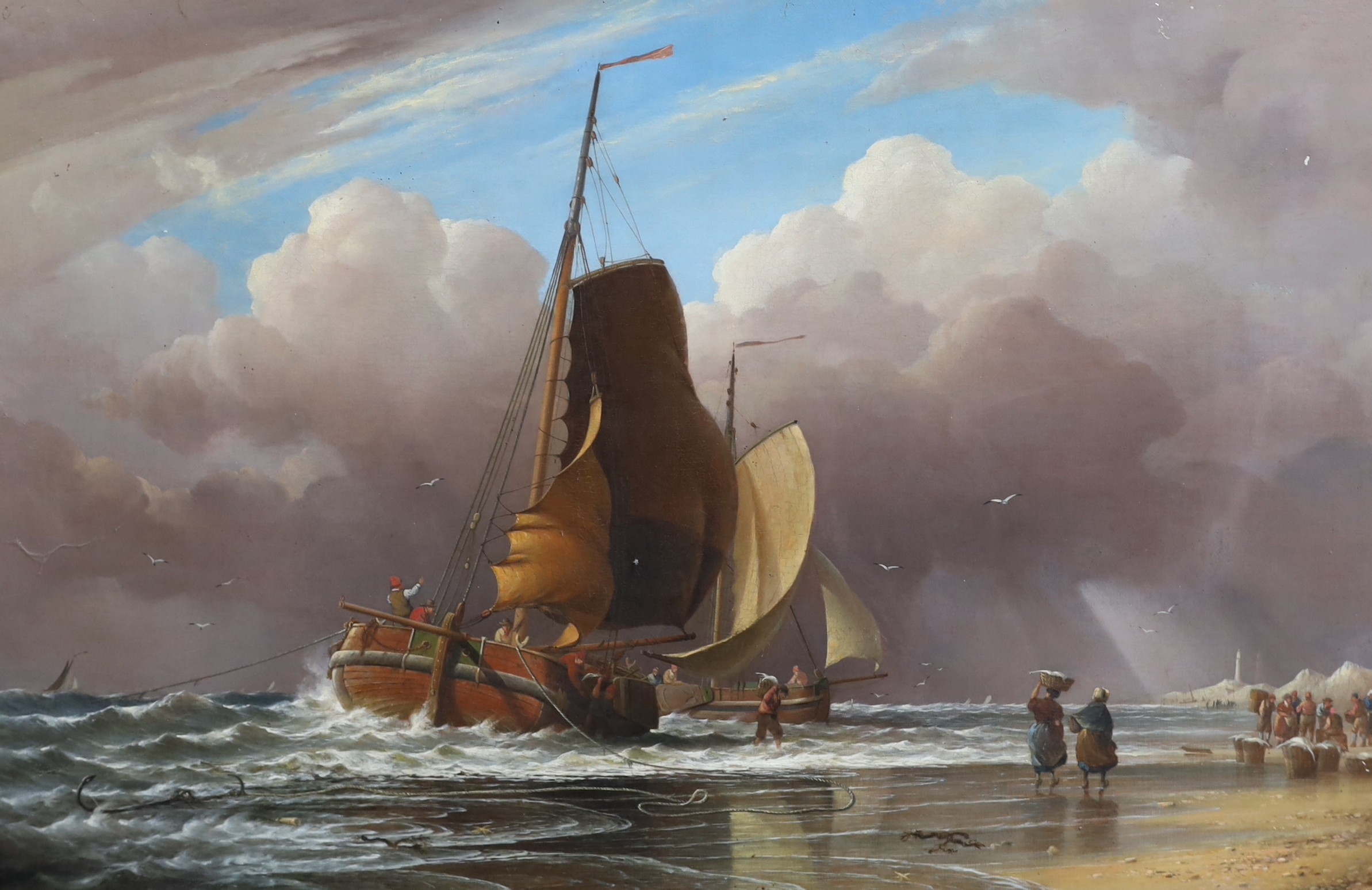 Edward William Cooke (1811-1880), 'Dutch pinks unloading their catch off Egmond aan Zee', oil on canvas, 54 x 74cm